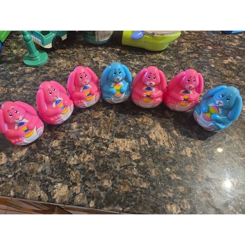 Vintage Plastic 2.5" Easter Bunny Egg Shaped Figures Pink & Blue Lot Of 7